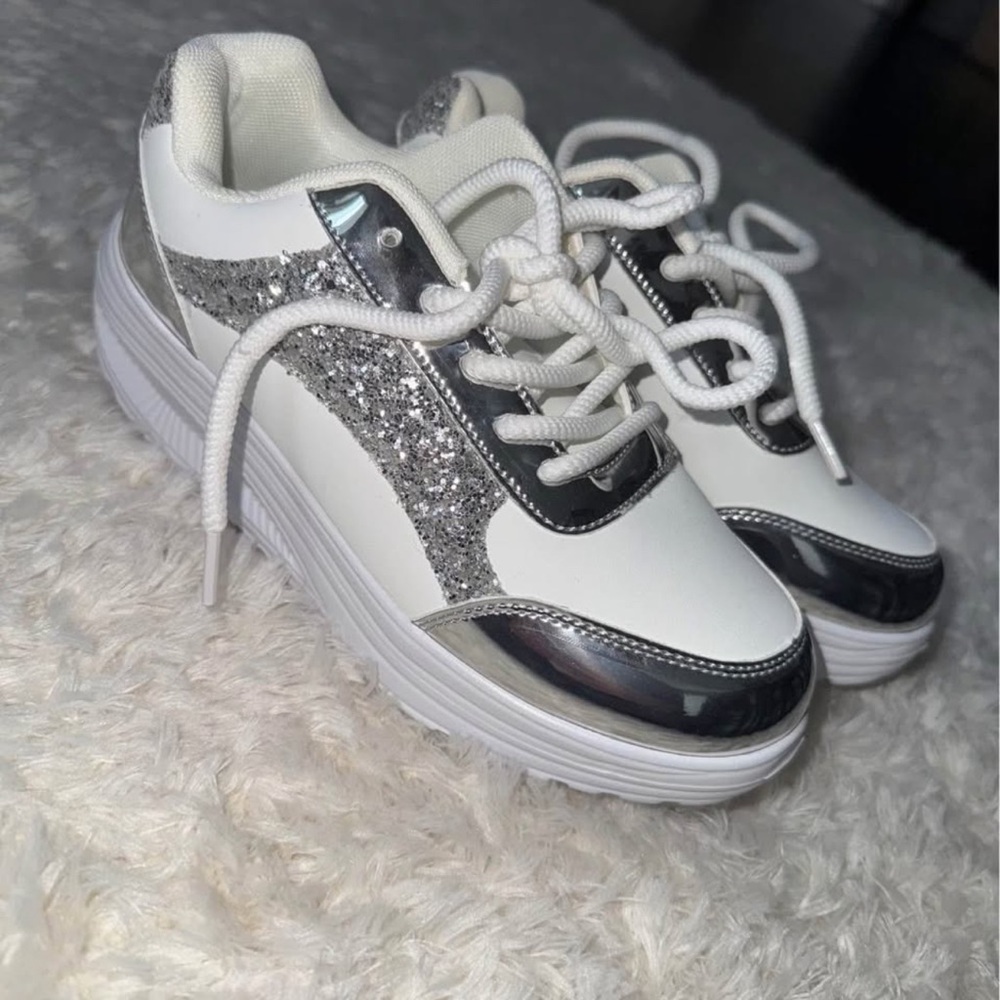 Brand New Silver and White Glitter Sneakers